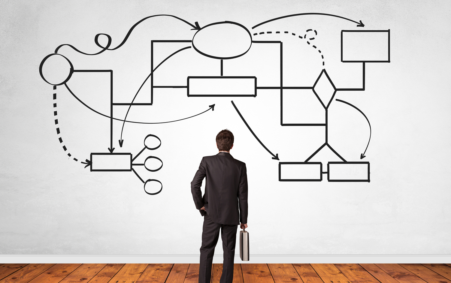 Businessman in doubt looking for solution concept with organizational chart